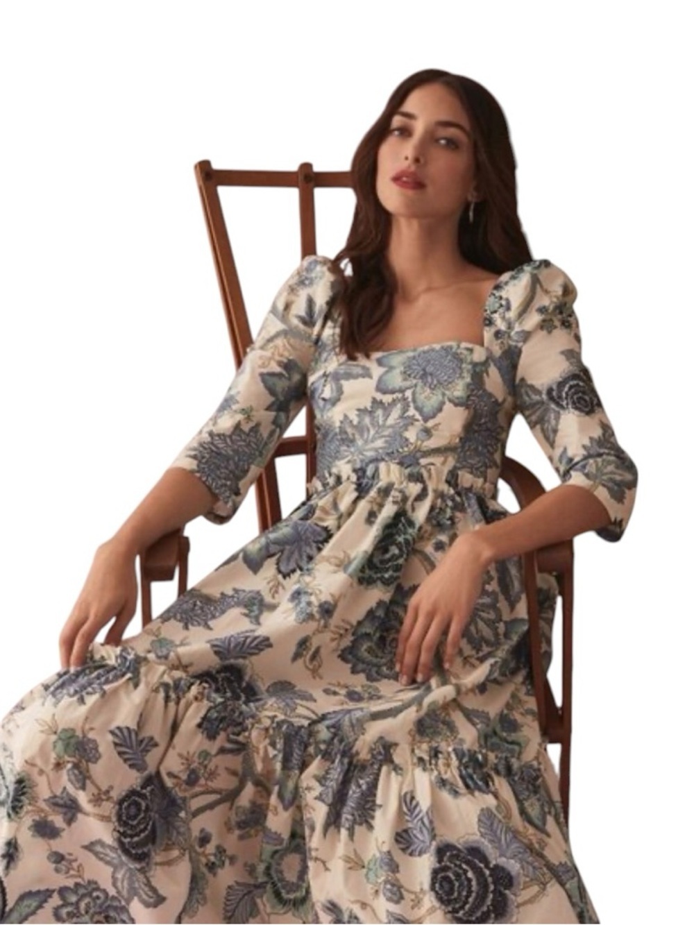 Cara Cara Blue & Cream Floral Square-Neck Midi Dress puff sleeve ruffle hem 2 - Picture 4 of 14